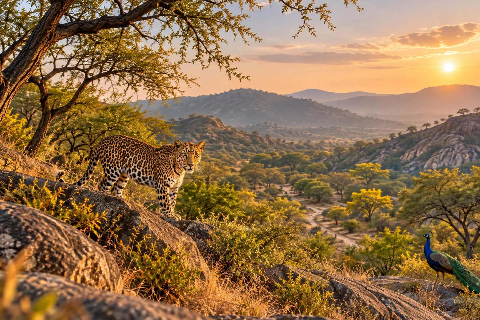 A golden-hour view across a rugged, tree-covered valley