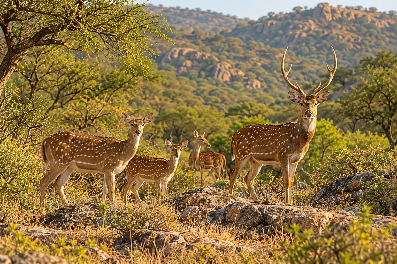 Spotted chital deer in golden woodland