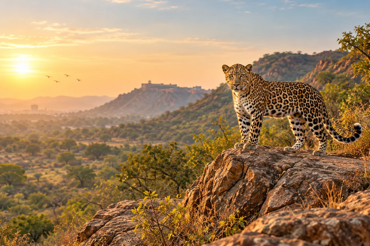 Leopard standing on a rocky outcrop above an Aravalli-style valley at golden hour