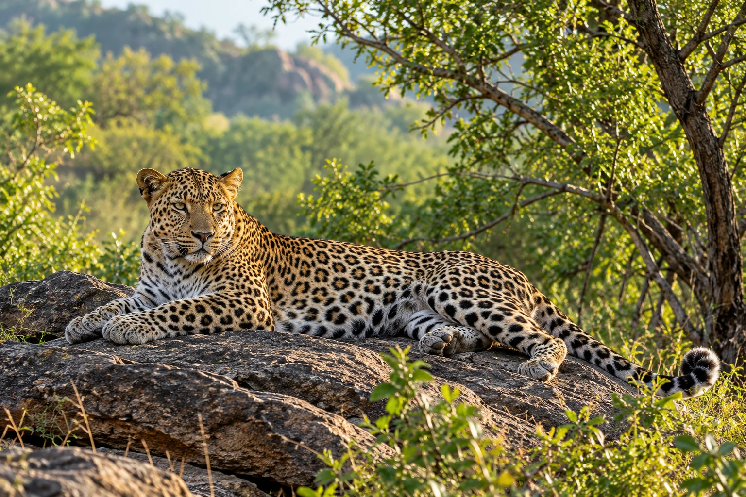 A leopard resting on a broad rock in a green woodland