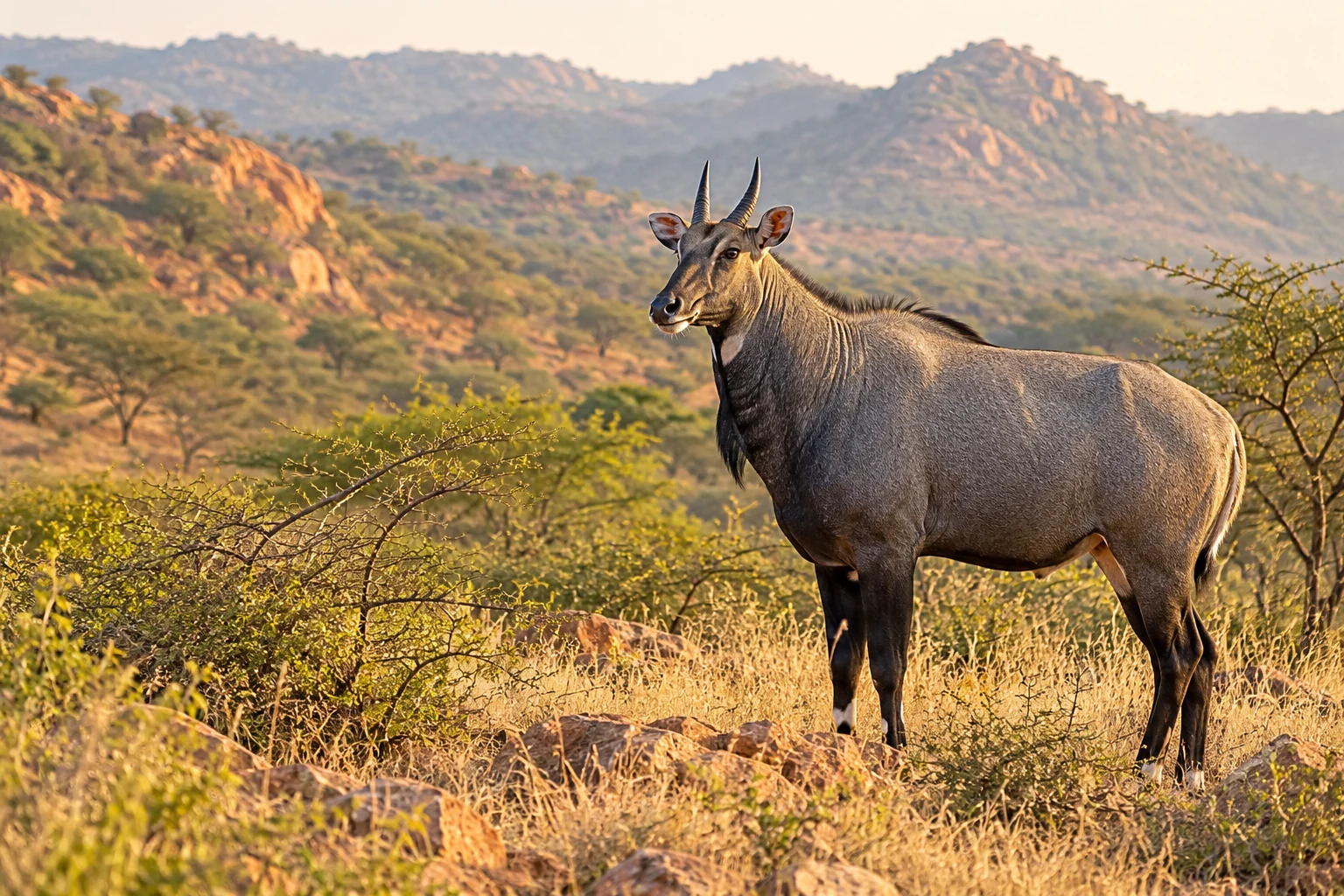 A nilgai standing among dry grasses and rocky scrub