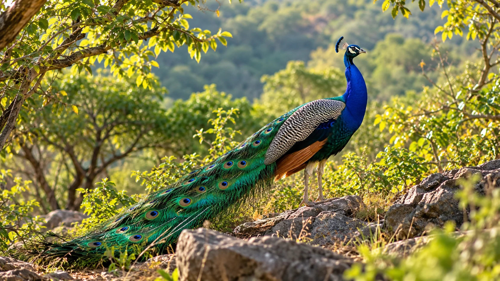 A blue Indian peacock standing on woodland rocks